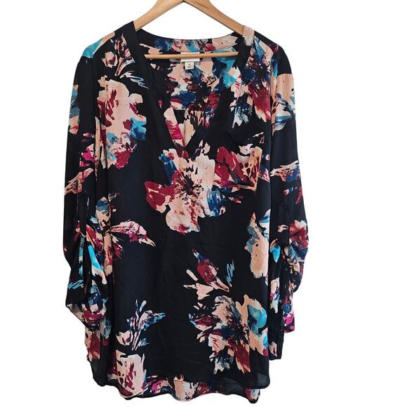 Ava & Viv Floral Blouse Women 3X Black Pink Floral Peasant Career Whimsygoth - Picture 1 of 9